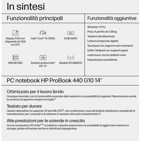 HP ProBook 440 G10 Intel® Core™ i5 i5-1334U Computer portatile 35,6 cm (14") Full HD 8 GB DDR4-SDRAM 256 GB SSD Wi-Fi 6E (802