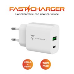 CARICA BATTERIA RAPIDO 1P USB-C/1P USB-A 20W BIANCO TECHMADE