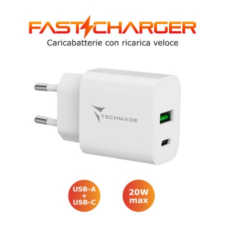 CARICA BATTERIA RAPIDO 1P USB-C/1P USB-A 20W BIANCO TECHMADE