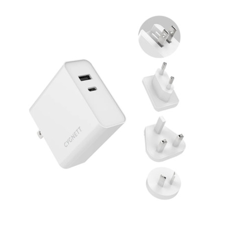 CARICATORE 60WATT 2P USB-C/USBA ADA TTATORI VIAGGIO(UK/USA/EU) CYGNETT